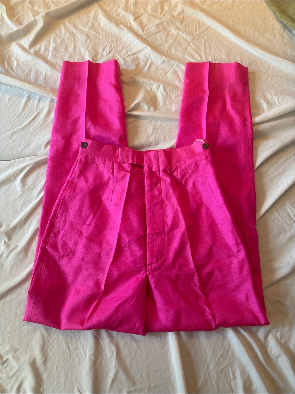 True Vintage 60s Mr Dino Trousers 22” Waist Neon Pink High Rise Pants Raw Silk